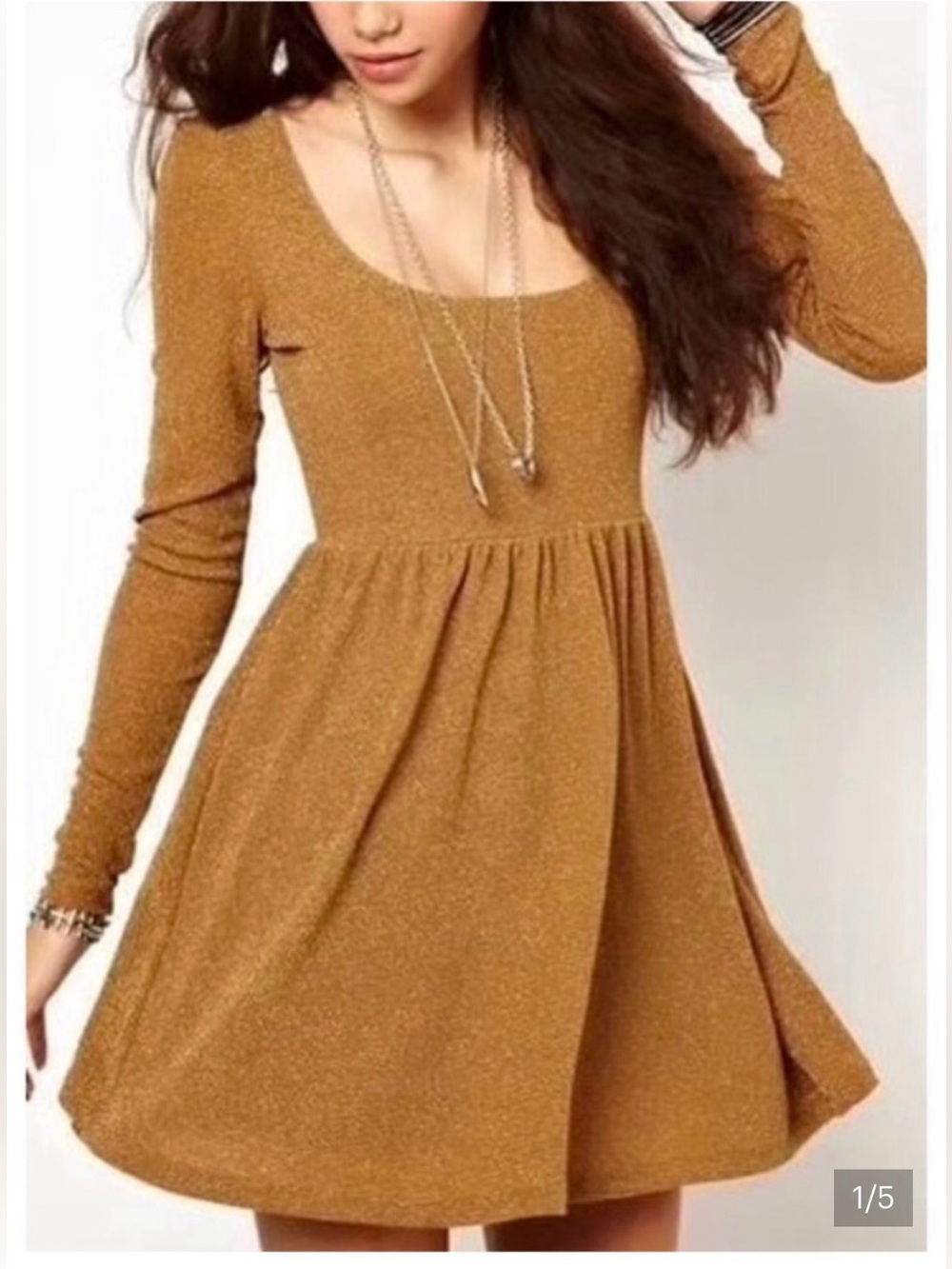 Free People Day and Night Gold Long Sleeve Skater Dress 70’s 80’s 90’s Y2K